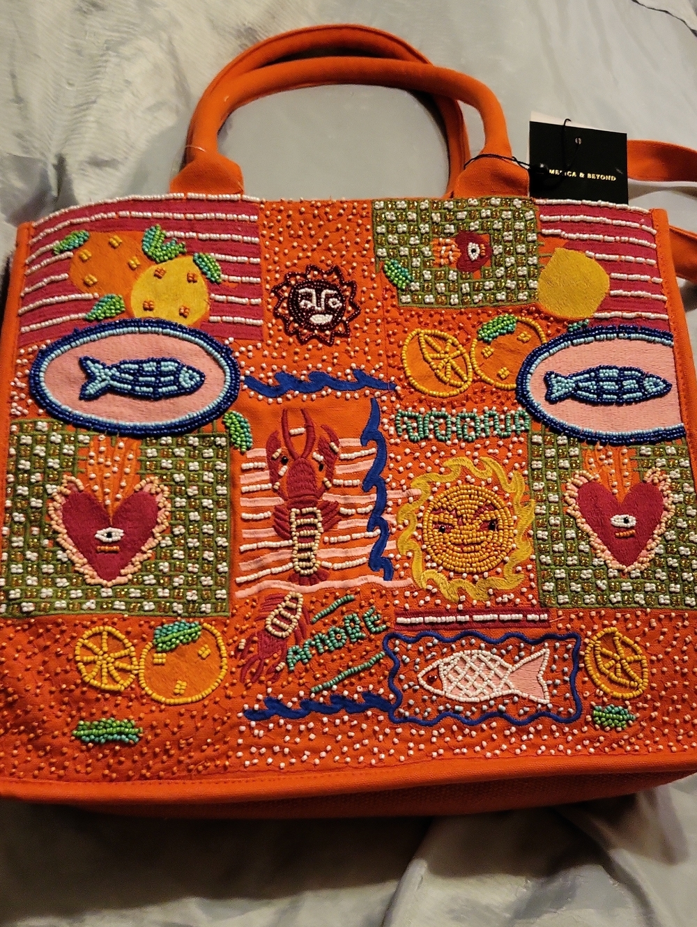 America & Beyond Orange Lobster Beaded Fish Sun Costal Tote W Shoulder Strap
